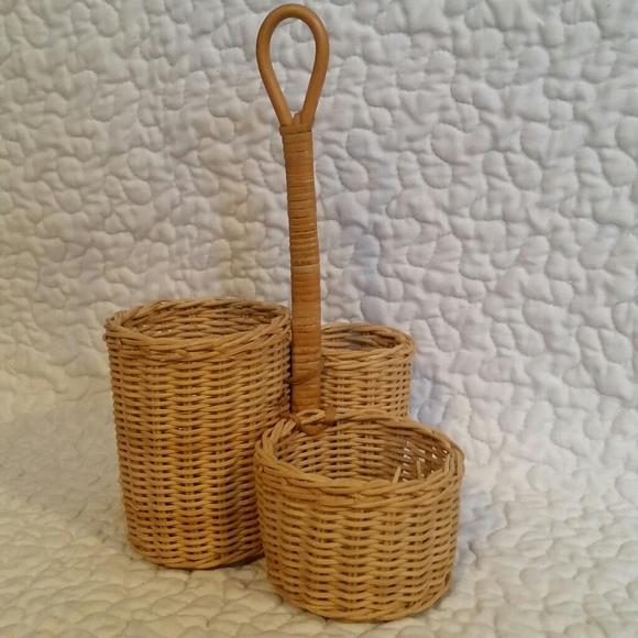 Vintage Woven Wicker Tan Handles Organizer Caddy